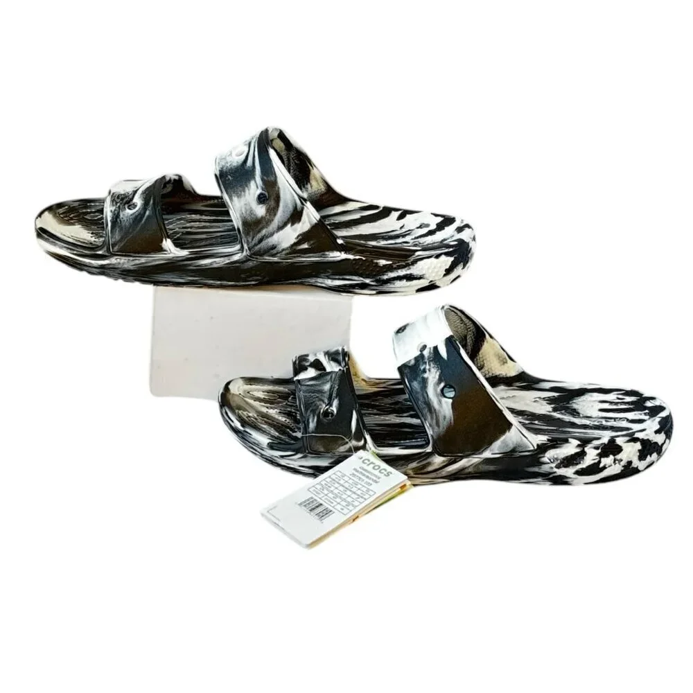 CROCS Men's NEW Classic Marbled Sandal Black and White Double Strap Slide On 13